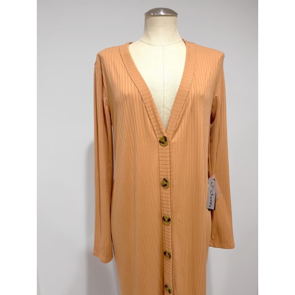 J For Justify Women's Camel Ribbed Long Sleeve Button Up Maxi Cardigan Size XL - Picture 7 of 8